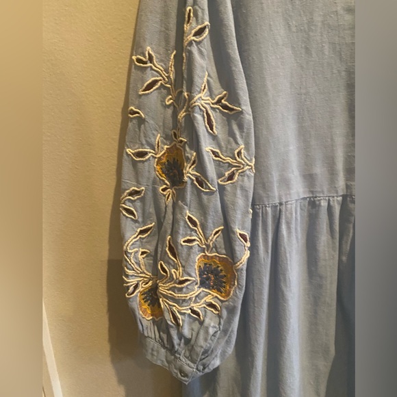 ZARA EMBROIDERED LINEN BLEND DRESS Mini Blue Floral Large - Picture 8 of 8